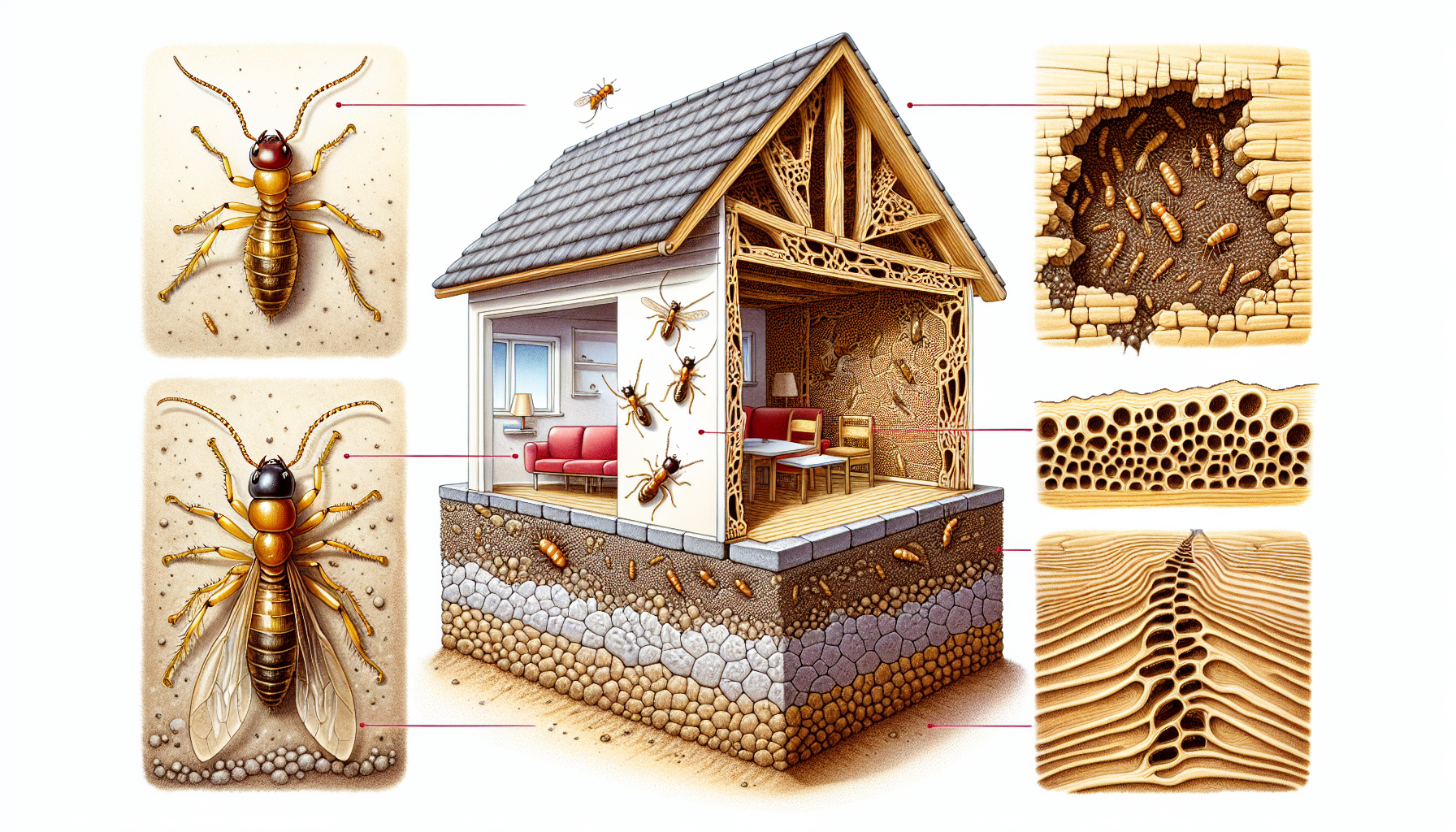 Illustration of termite activity signs in a home